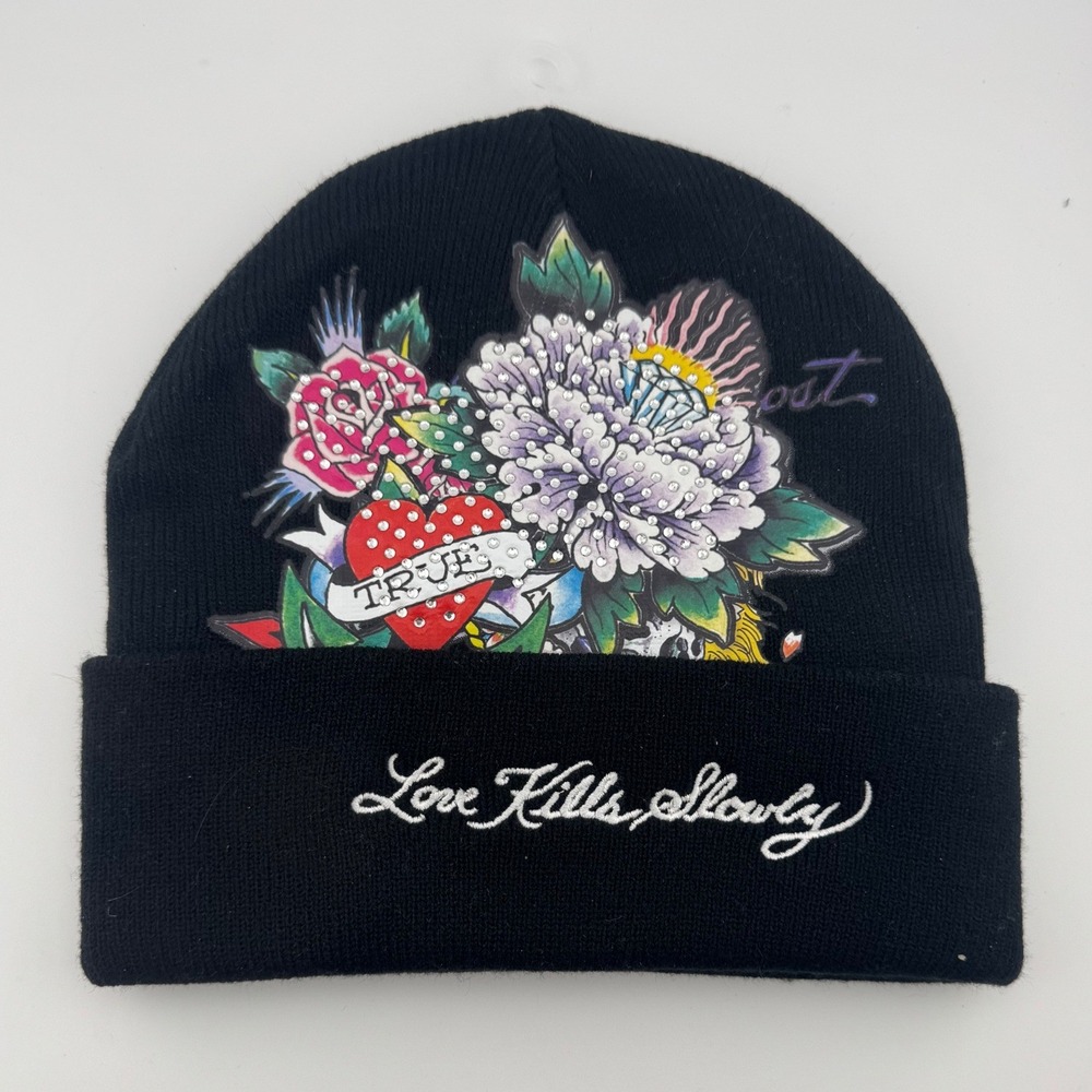 Ed Hardy Love Kills Slowly Black Beanie Tattoo Graphic Rhinestone‎ Knit Hat O/S